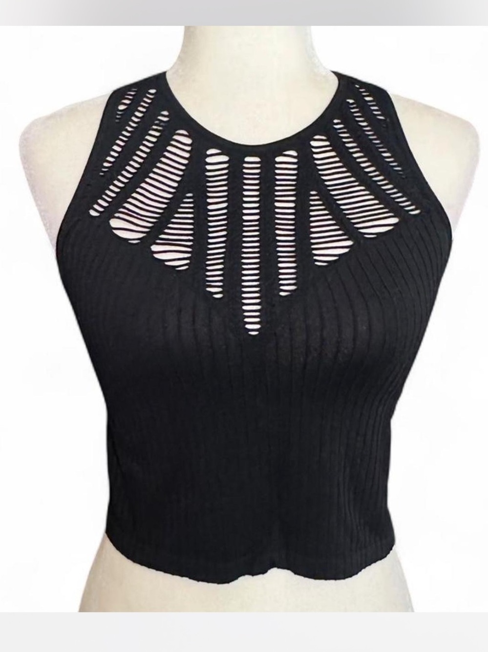 💜 Express One Eleven Black Eyelet/Cut Out Ribbed Crop Top (S)